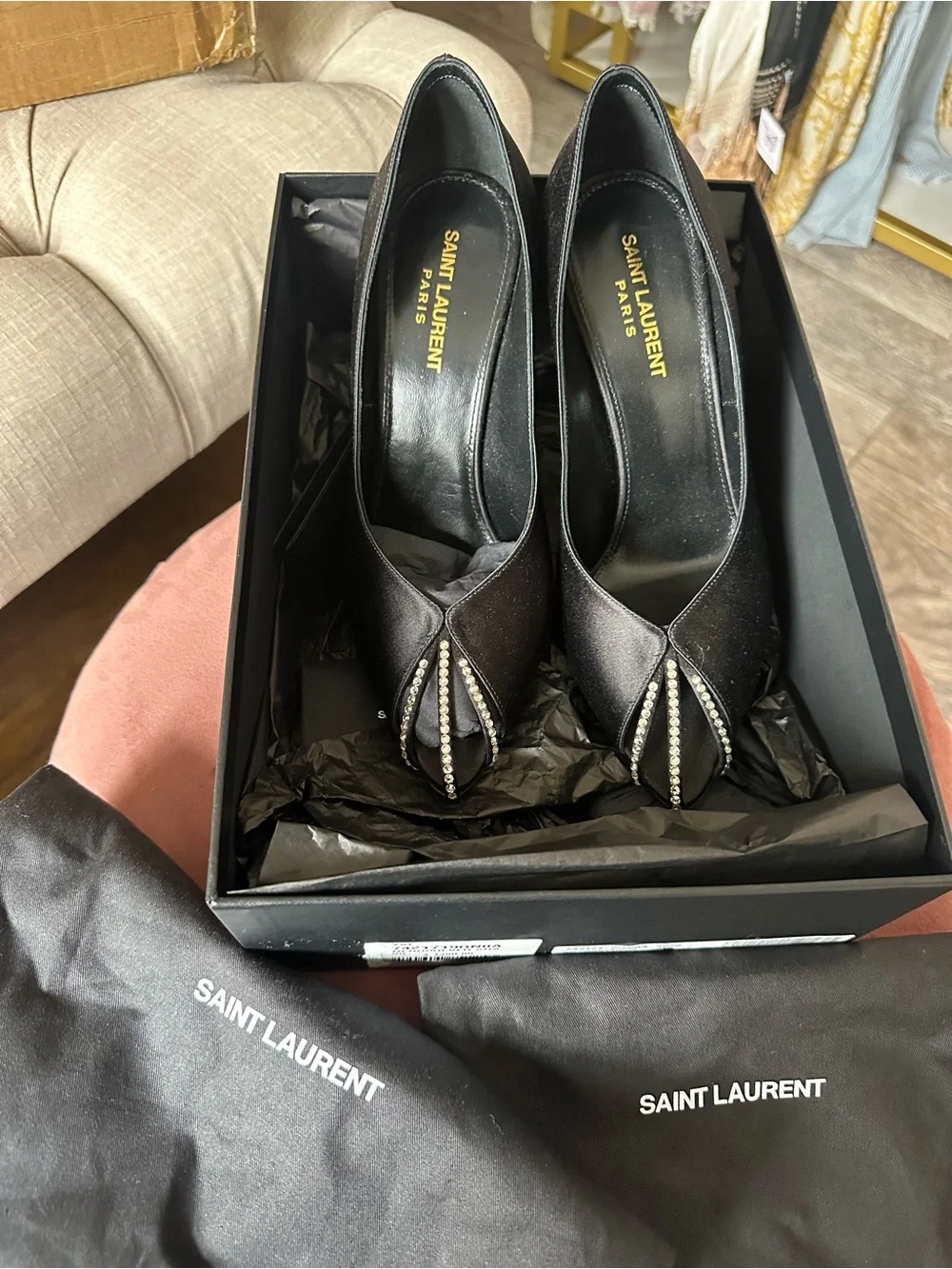 Saint Laurent Black Pointed Toe Stiletto Heels Crystal Detail Nero Silver Shade - Picture 8 of 16